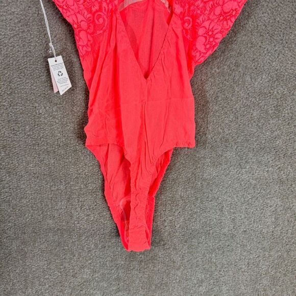 HAH‎ by Free People Bust Out Bodysuit Size Medium Fried Salmon Lace Mesh Top NEW - Picture 7 of 11